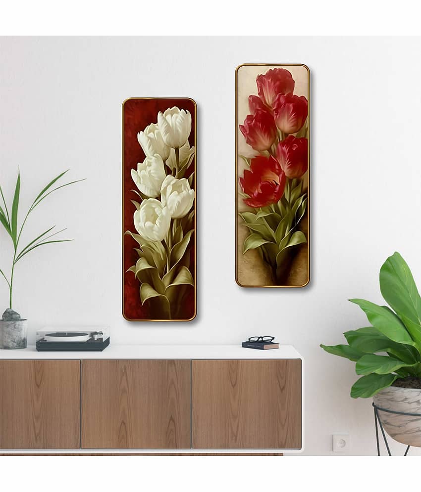 SAF Red & White Tulip Set of 2 Vertical MDF Wall Panels | Premium Sparkle Lamination Finish | Elegant Floral Art Wall Décor for Living Room & Bedroom view 2
