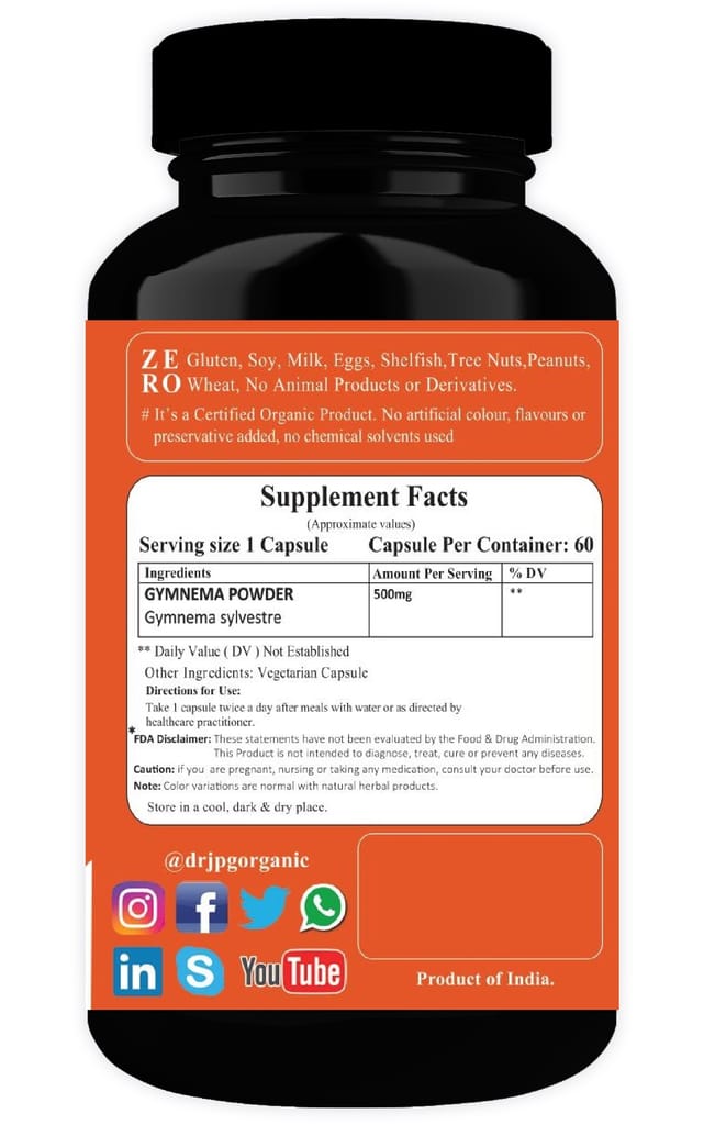 Dr. JPG Organic herbals Gymnema/Gudmar Capsules For Blood Sugar Support & Metabolism 60 Veg. Capsules | INDIA ORGANIC Certified (Pack Of 2) view 2