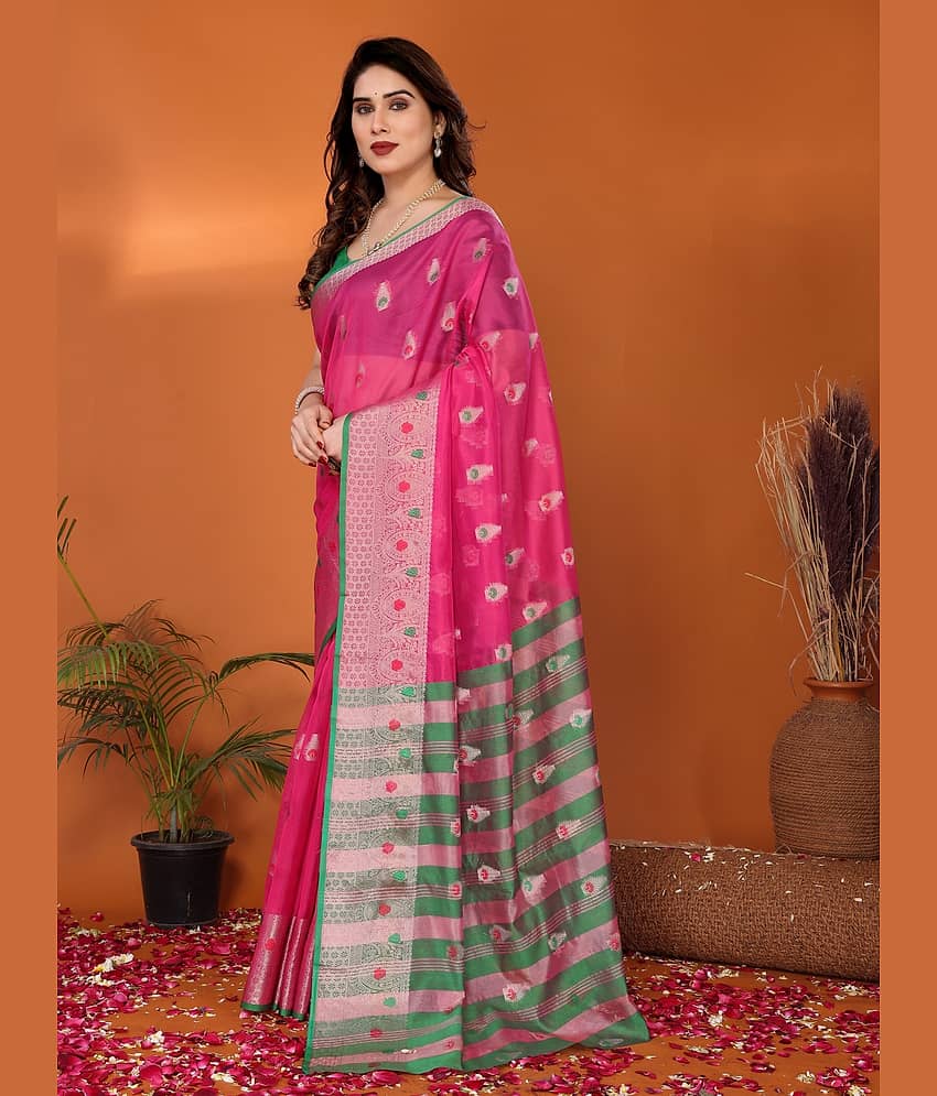 NightBlue Cotton Woven Saree With Unstitched Blouse Piece ( Yellow ) view 2