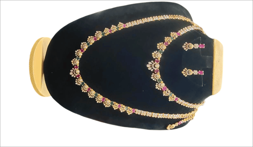 Bridal Gold Plated Ruby and Emerald Necklace Set with Earrings view 2