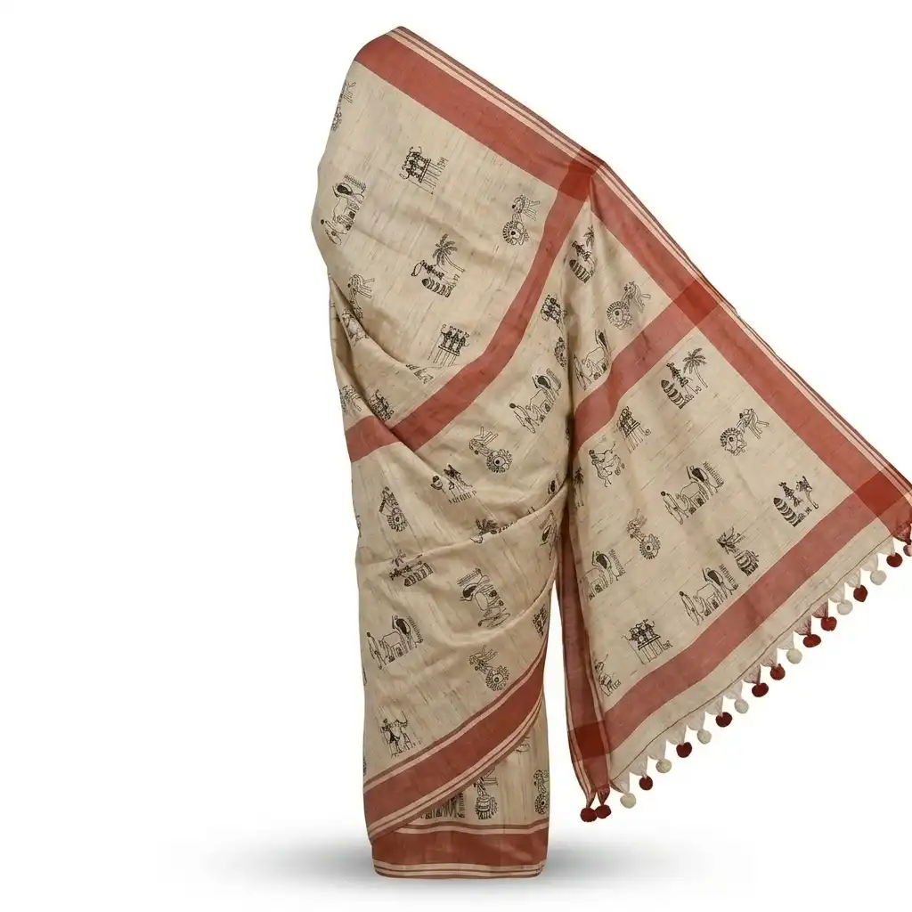 Sambalpuri Beige Tribal Heritage Ikat Handloom Saree view 2