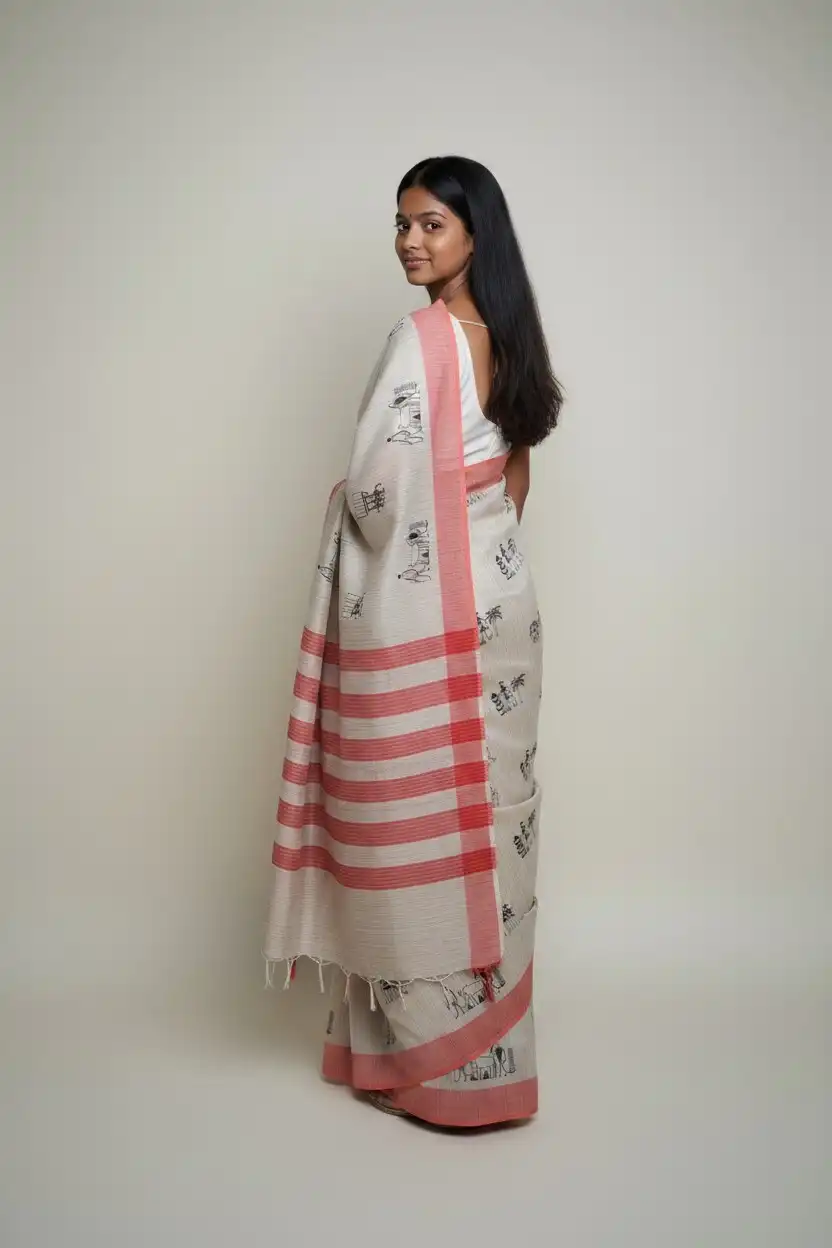 Handwoven Sambalpuri Baandha Ikat Cotton Saree in Ivory with Red Border view 2