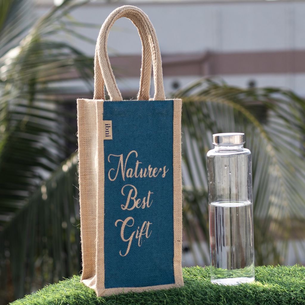 Ibni Premium Jute Water Bottle Bag – Eco-Friendly, Durable, Stylish, and Perfect for Travel "Natures Best Gift" Color Peacock Blue view 2