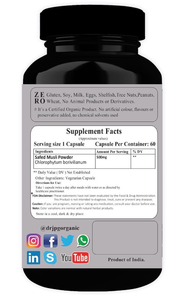 Dr JPG Organic Herbals Safed musli capsules 500mg 60 veg capsules | for Immunity Strength, Energy Level |INDIA Organic Certified. view 2