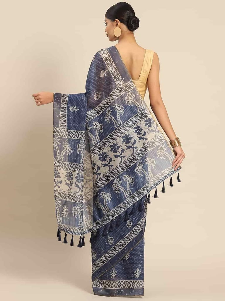 Women's Pure Cotton block print saree with unstiched blouse piece view 2