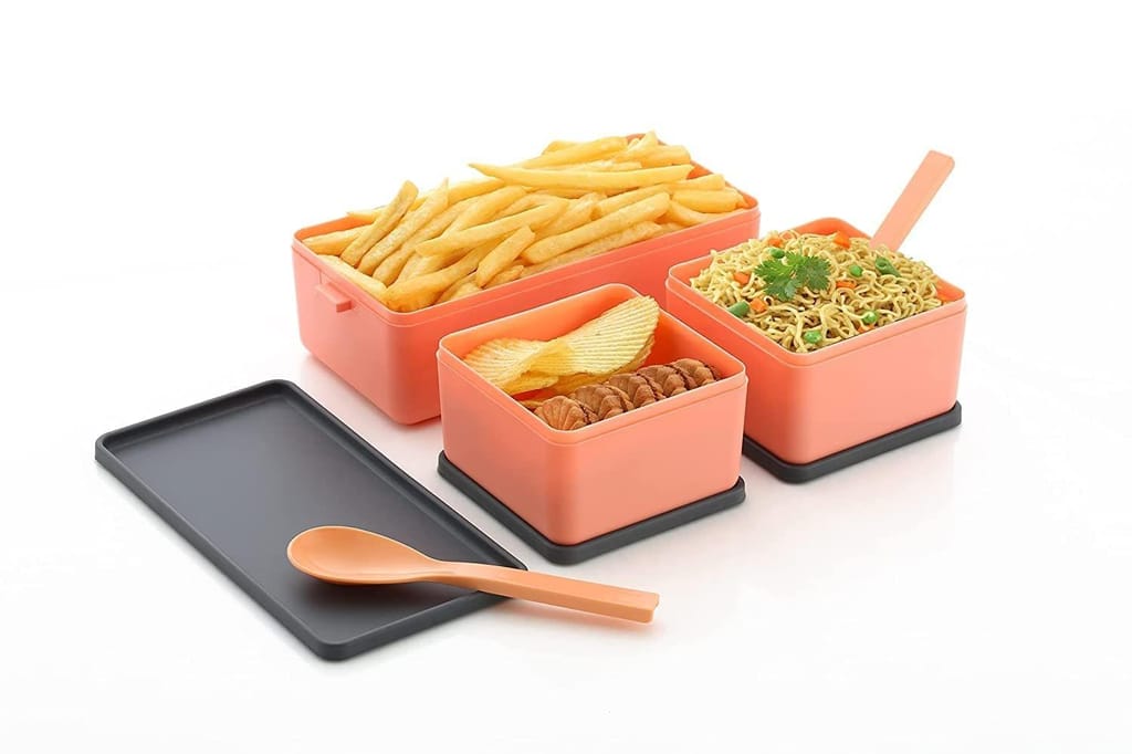 HAPPI 3 Compartment Leak Proof Lock System Lunch Box for Office Men and Lunch Box for Kids, Microwave Safe Food Warmer Lunch Box with 2 Spoons Set (Orange) view 2