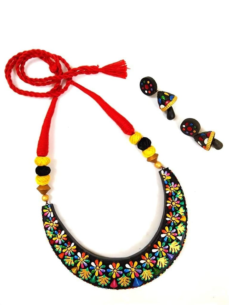 EKAM EK terracotta neckset with earrings for women and girls in MULTICOLOR floral design chokar for casual and formal wear for saree, suit and skirt for festivals view 2