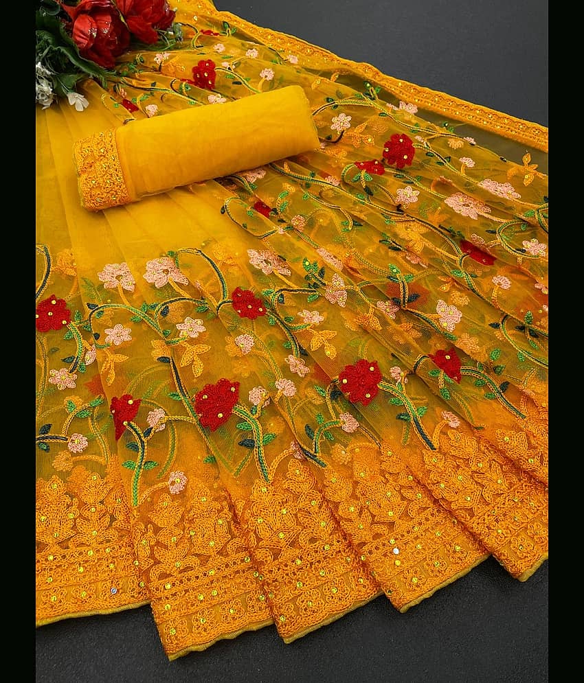 ofline selection Net Embroidered Regular Saree With Unstitched Blouse Piece ( Yellow )
