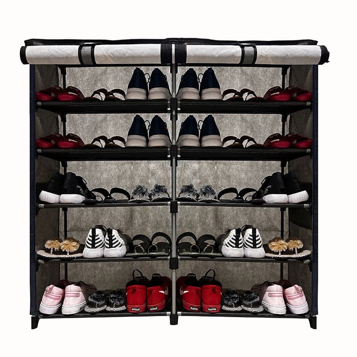 Philoshop 10 Layer Shoe Rack with Cover – Grey | Sturdy Metal Frame with Stylish Card Print | Dustproof & Space-Saving Shoe Organizer for Home view 2