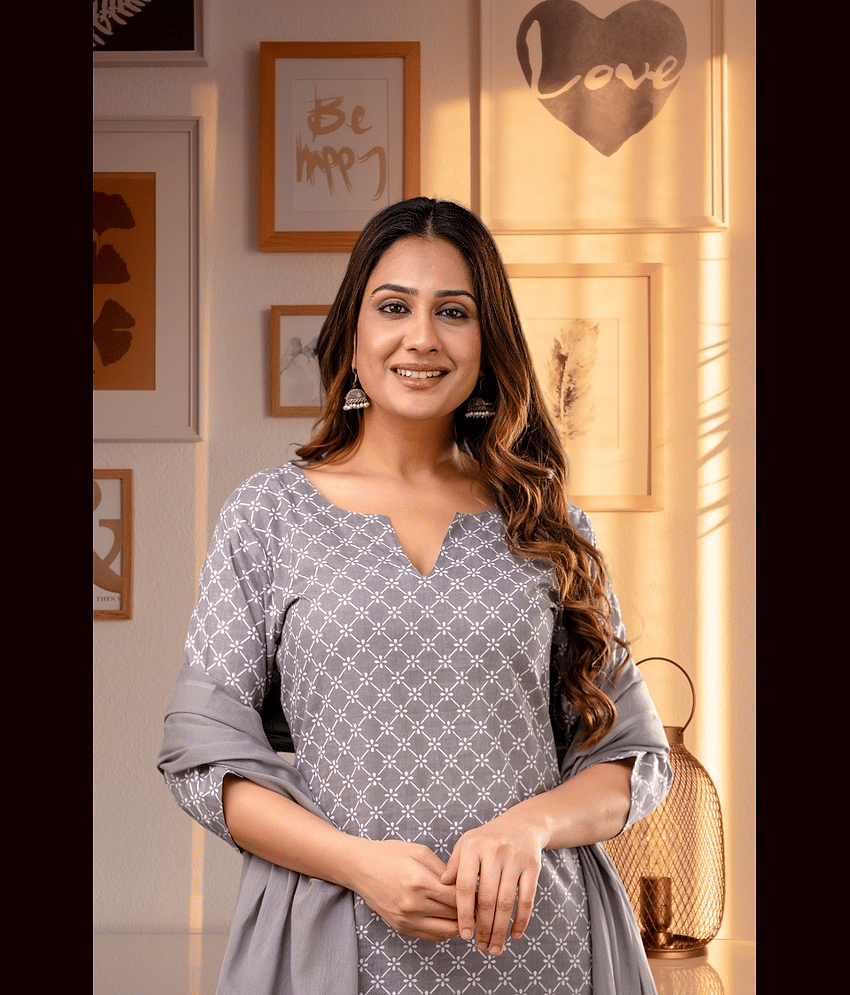 Shivaradhya designers Cotton Printed Kurti With Pants Women's Stitched Salwar Suit - Grey ( Pack of 1 ) view 2