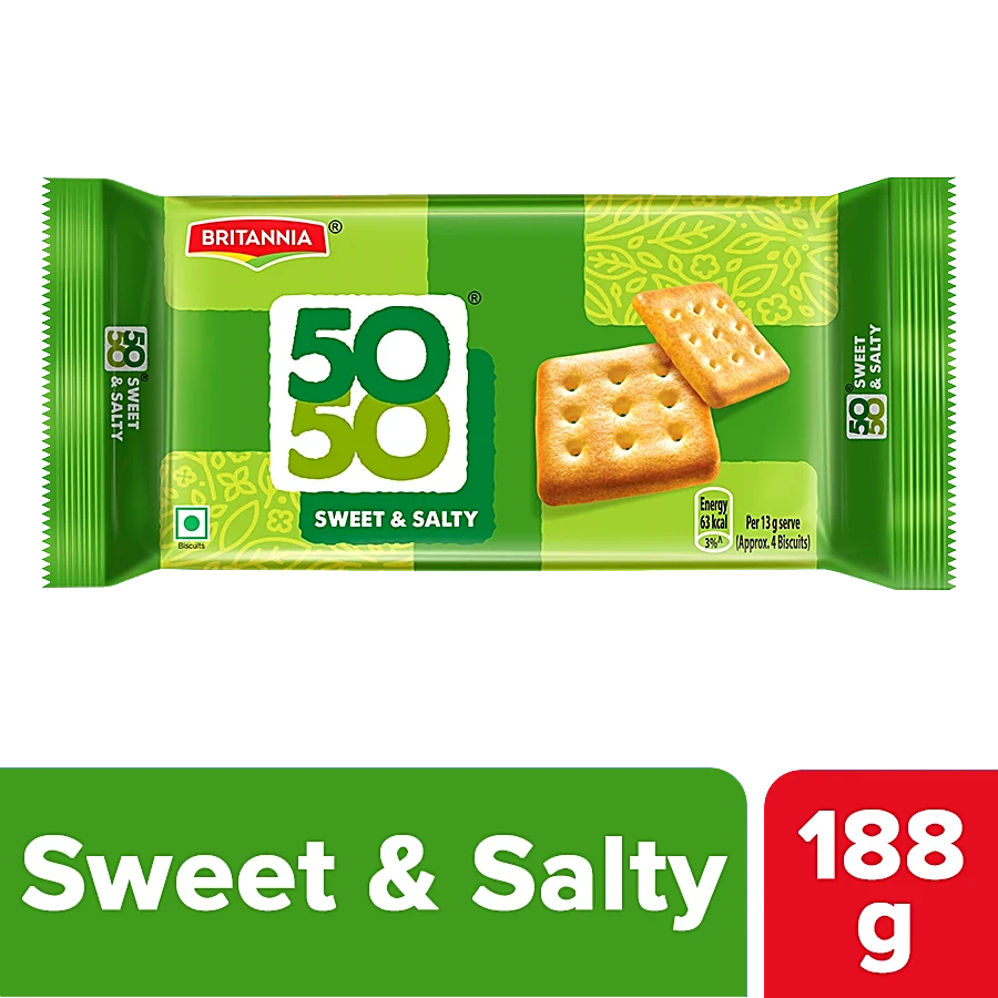 Britannia 50-50 Sweet & Salty Biscuit - Light, Crispy, Ready To Eat, 188 G