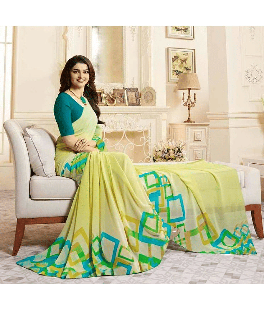 BLEESBURY Chiffon Printed Saree With Unstitched Blouse Piece ( Green,Yellow ) view 2