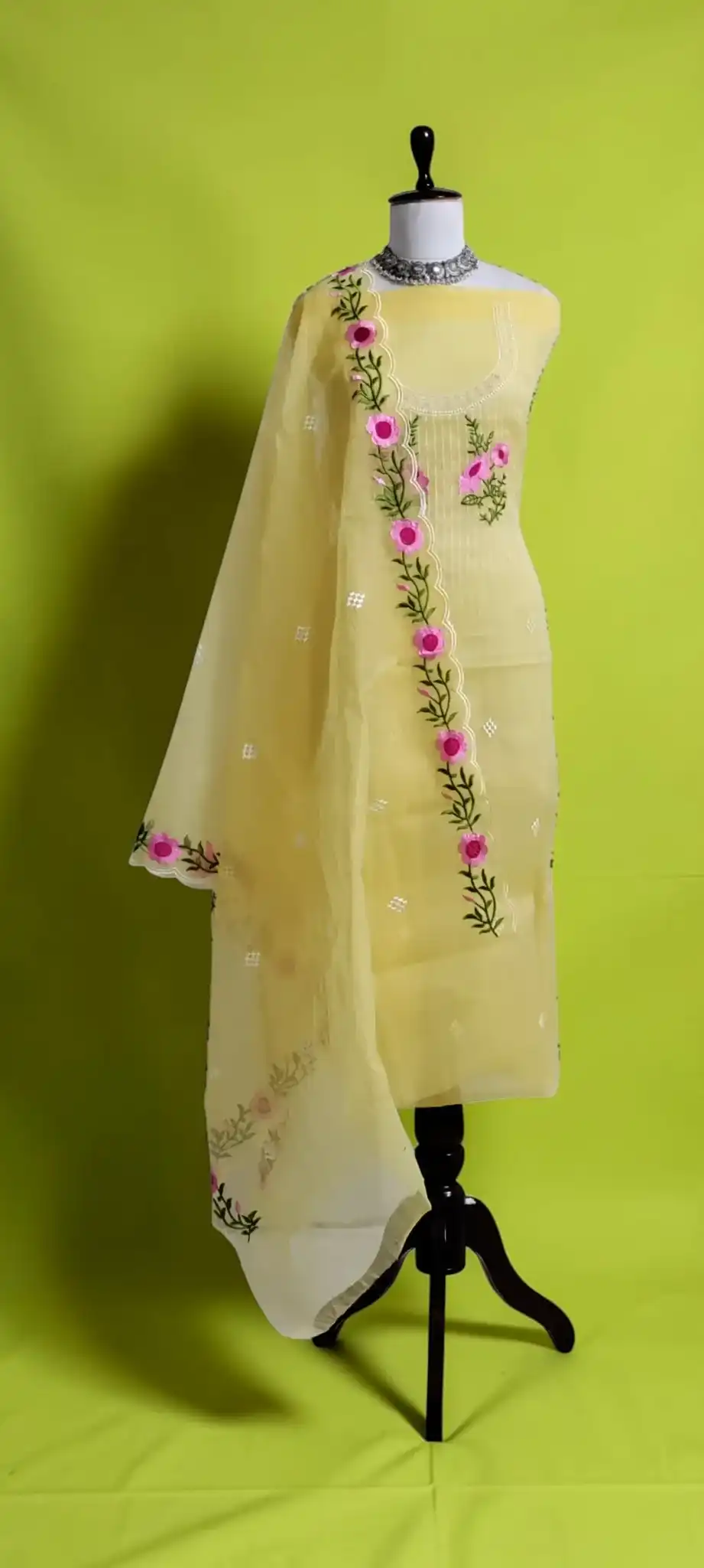 Kota Doria Handloom Dress Material in Lemon Yellow with Floral Border