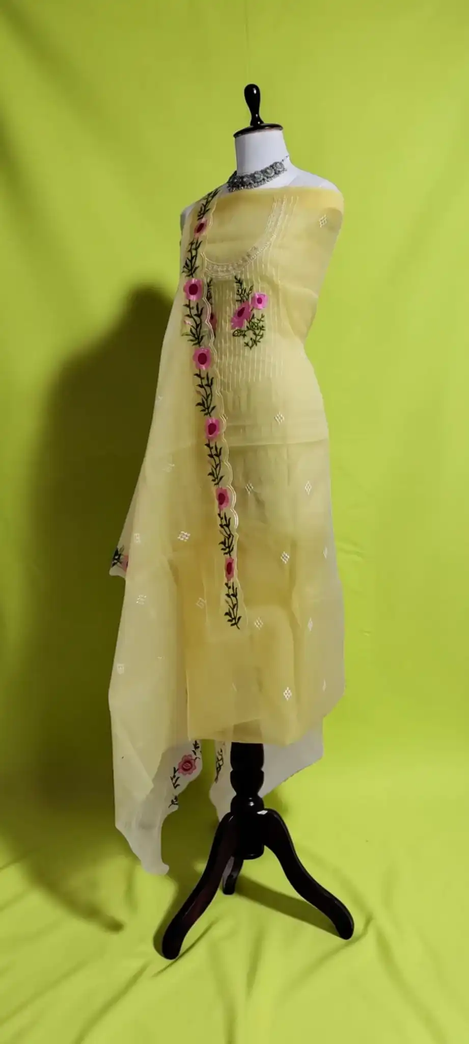 Kota Doria Handloom Dress Material in Lemon Yellow with Floral Border view 2