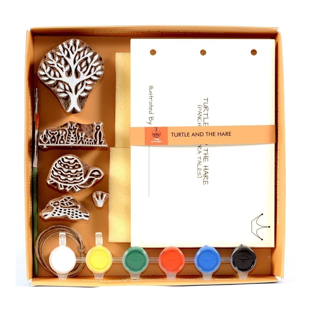DIY Wooden Block Printing Craft kit Print your own Panchtantra Story book Turtle & hare view 2