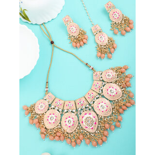Peech Pink Premium Quality Meenakari Hyrdo Crystals Pearl Bridal Jewellery Set view 2