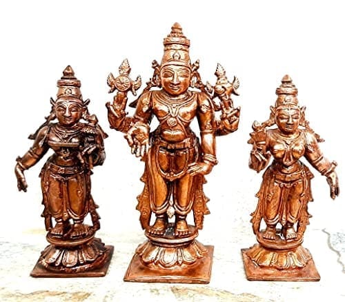 Searchers Paradise - Copper Idols Venkateswara with Sridevi and Bhudevi,3.9 inches, Copper Handmade 251 Grams, Patina Antique Finish, Pack of 1 Piece