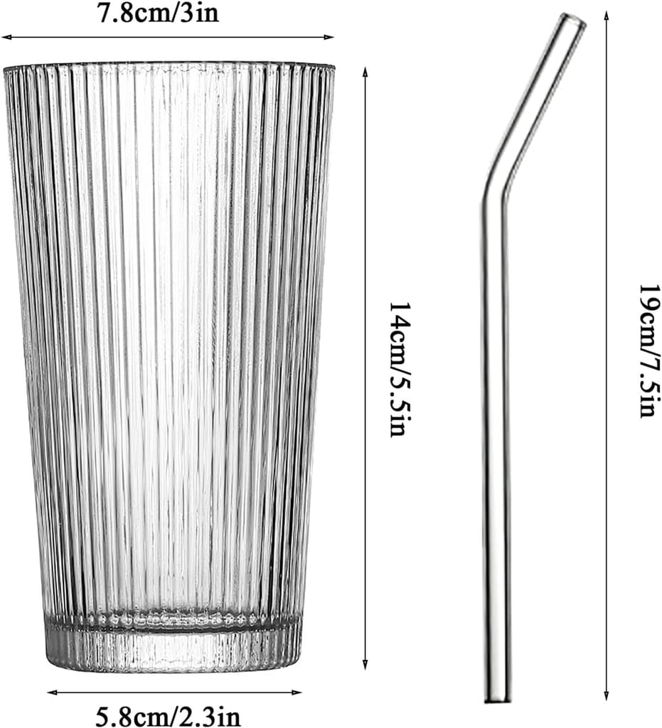 Glass Tumbler with Lid and Straw, 380 ML,Set of 1, Stripe Drinking Sipper for Water, Iced Tea, Milk, Juice, Coffee & Hot/Cold Drink, Perfect for Home, Office, Party and Travel, Gift for Man/Women view 2