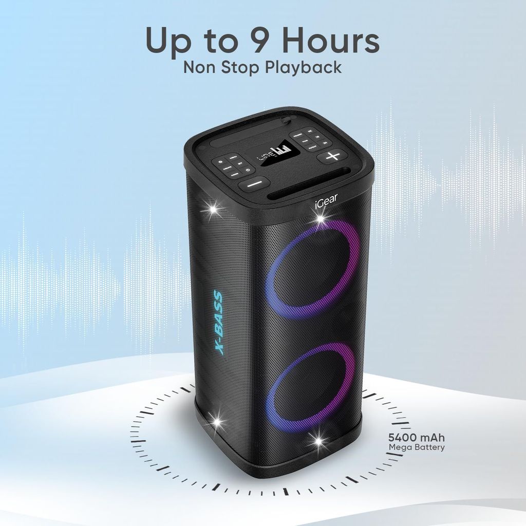 iGear X-Bass 100 Portable Bluetooth Party Speaker, 100W Monstrous Pro Sound, Dynamic Light Show, Upto 9Hrs Playtime, Built-in Powerbank, Guitar & Mic Support,TWS Function (Black) view 2