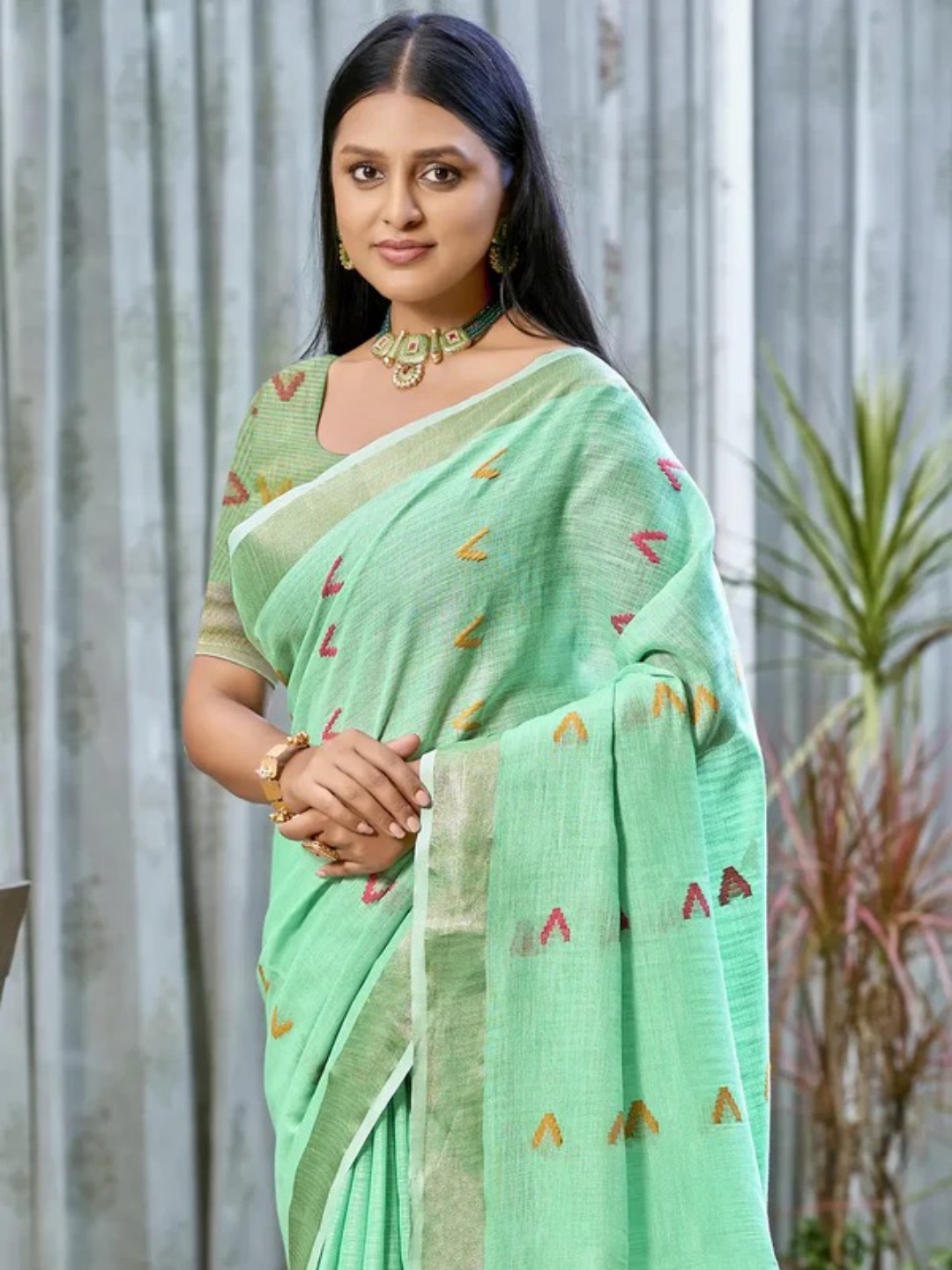 Turquoise Green Cotton Saree view 2