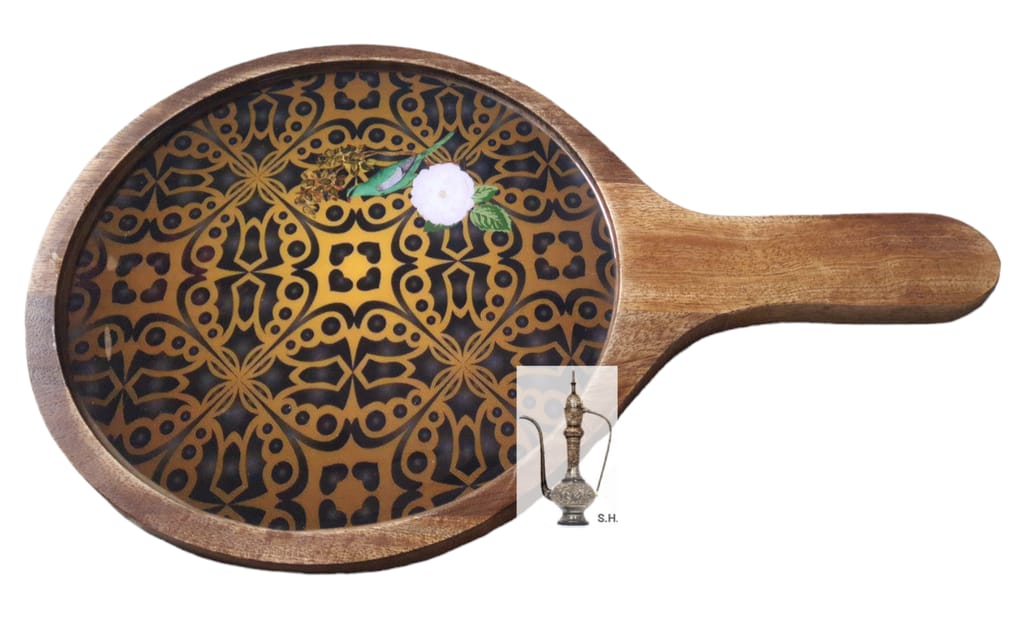 Sara Home Mango Wood Serving Pizza Platter/Chipdip/Dosa/Chees/Snacks Tray Printed Enamel Serving Platter with Handle Appetizer Plate Serving Platter