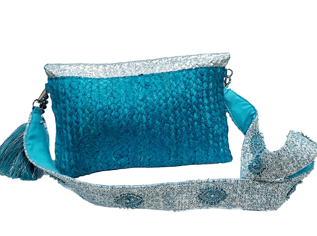 Coloured Foil Jute Sling Bag with Jaquard Handle and Beautiful Handmade Tassel view 2