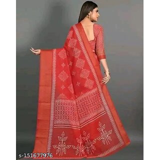 Red Colour Flower Cotton Silk Saree With Blouse Piece view 2