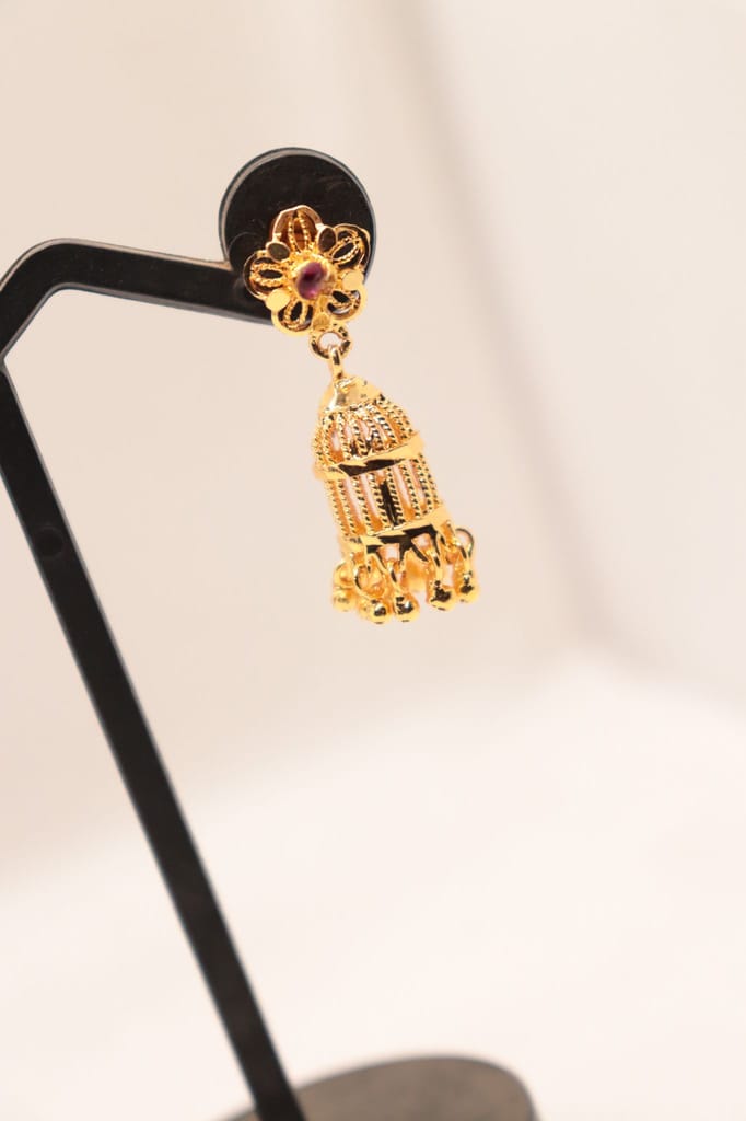 Gold Plated Filigree Jhumka Earrings with Ruby Stones view 2