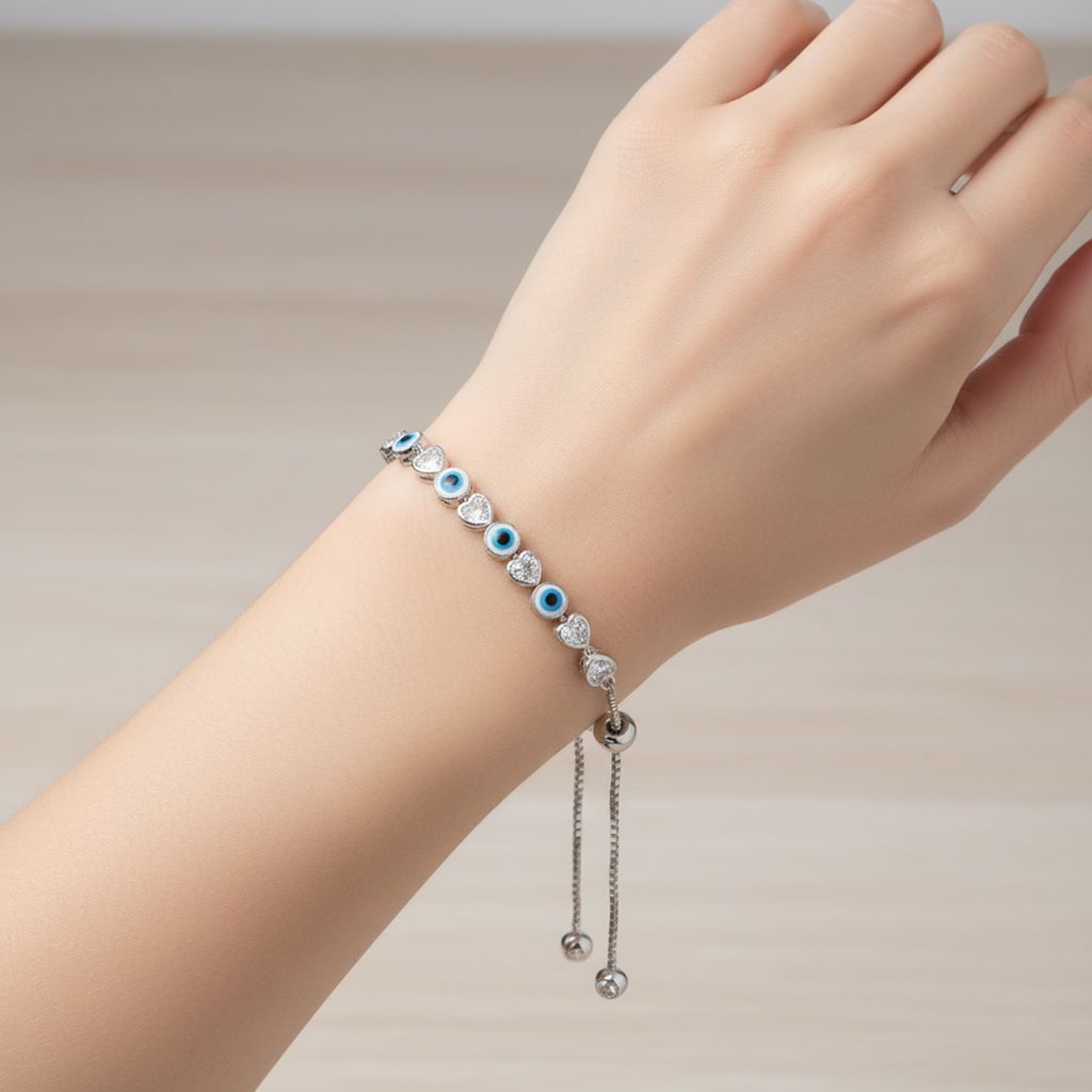 925 Sterling Silver Evil Eye & Heart CZ Adjustable Bracelet for Women & Girls | Blue Eye Protection Charm Bracelet I Weight - 6.68 g view 2
