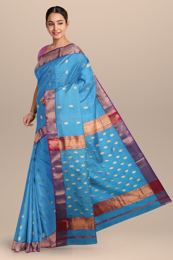 Sky Blue Rudraksh Buti Handwoven Sausar Silk with Zari Border Saree SKU-BS10108 view 2