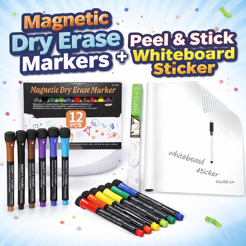 ALTYRITE Whiteboard Sticker Roll 45 x 200 cm with 12 Magnetic Dry Erase Markers | Self Adhesive White Wall Board, Reusable Writing Surface | No Ghosting for Kids, Planner, Kitchen & Office