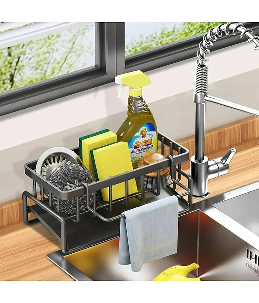 GEEO Sink Organiser, Kitchen Organiser Stainless Steel with Self-Draining Drain Tray for Sponge Holder, Towel Holder, Dish Cloth Holder, Super Organiser for Kitchen and Bathroom view 2