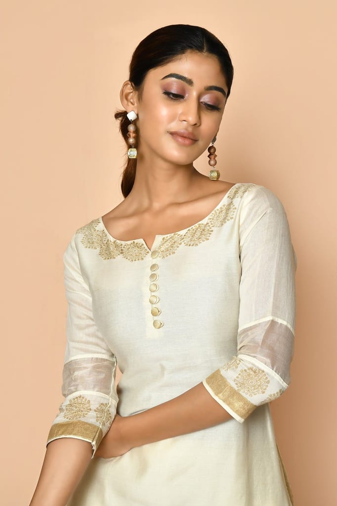Ayoola flora Ivory handloom Maheshwari silk kurta set for women view 2