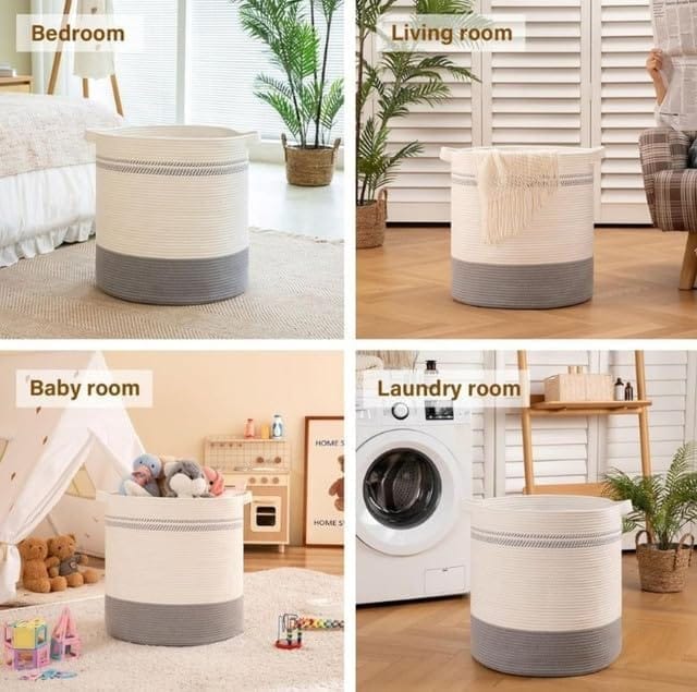 Generic Cotton Pack Of_1 12x14 Inch Storage Basket For Clothes (Grey-White)-PID66433 view 2