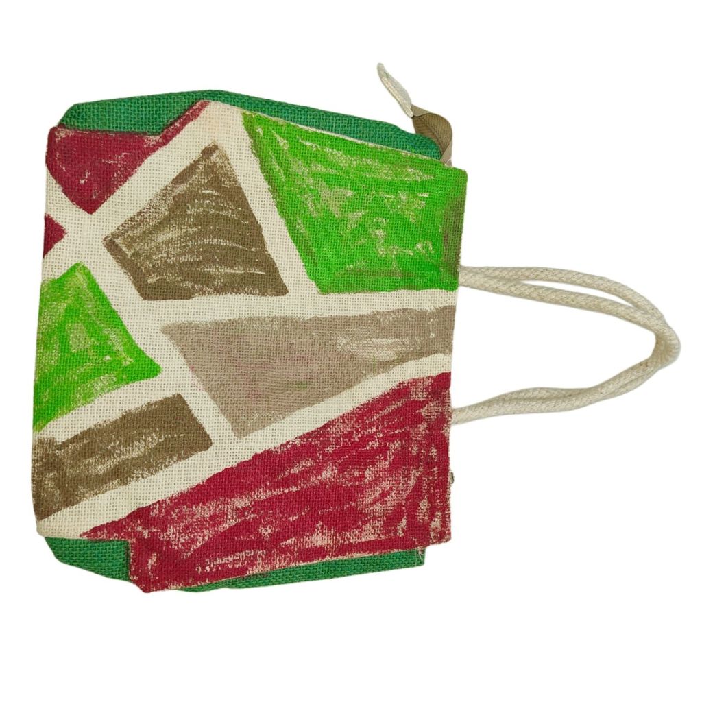 Hand-painted jute tote bag with green, red, and brown geometric design view 2