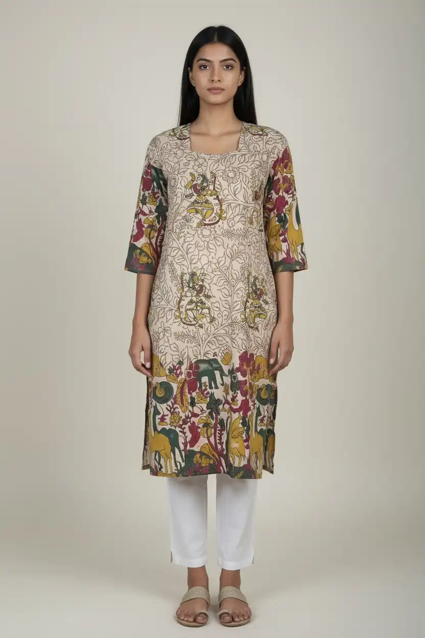 Kalamkari Print Cotton Kurti Cream Yellow Green