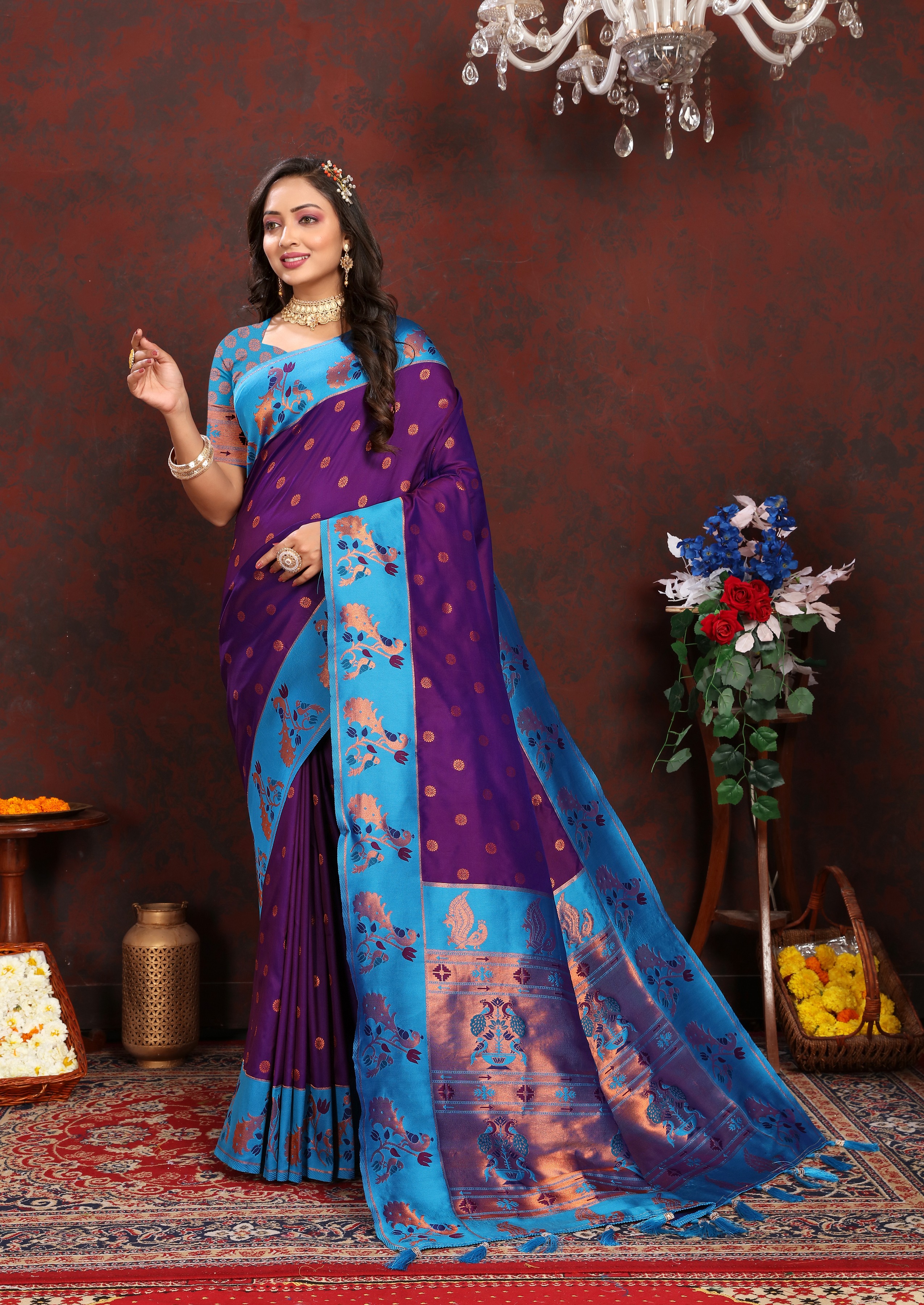 Soft Paithani silk saree with zari weawing desi... view 2