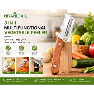 (Pack of 1) Multifunctional Vegetable Peeler for Kitchen 3 in 1 Stainless Steel Fruit & Vegetable Peeler with Wooden Handle, Built-in Grater & Bottle Opener for Potato, Carrot, Apple & Cucumber view 2