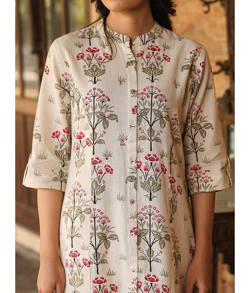 AMIRA'S INDIAN ETHNICWEAR Cotton Flex Printed Front Slit Women's Kurti - Beige ( Pack of 1 ) view 2