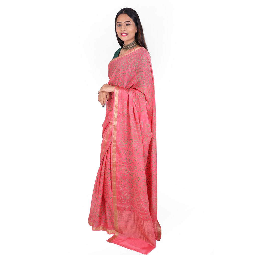 Tribes India Handwoven Peach Pink Bandhej Saree view 2
