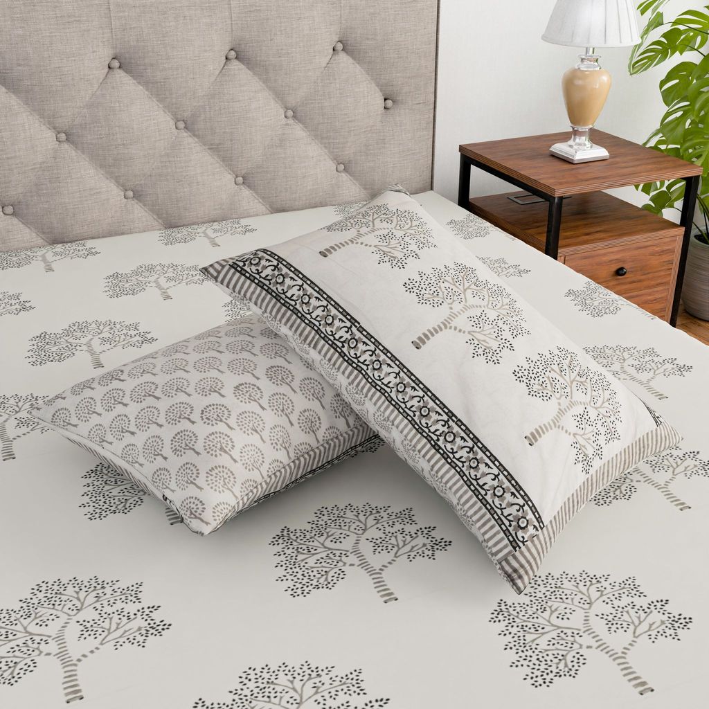Cotton hand block printed king size bedsheet ( 100 x 108 inches) - Grey Tree view 2