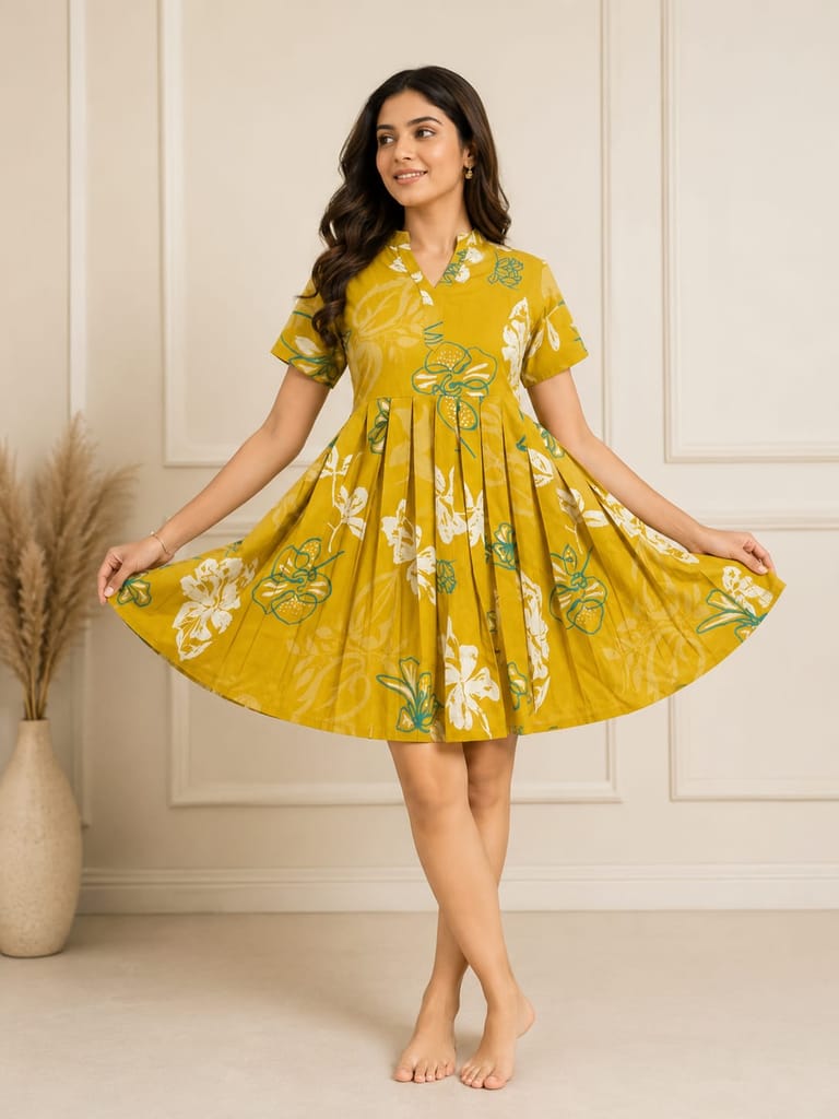 Women Mustard Yellow Floral Printed Pleated Kurta view 2