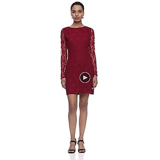 Miss Chase Womens Maroon Round Neck Full Sleeves Lace Bodycon Mini Dress view 2