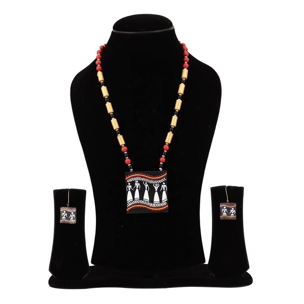Le bijouxistic EKAM EK TERRACOTTA NECKLACE SET WITH EARRINGS IN WARLI DESIGN WITH BLACK BACKGROUND FOR WOMEN AND GIRLS FOR CASUAL AND FORMAL OCCASION view 2