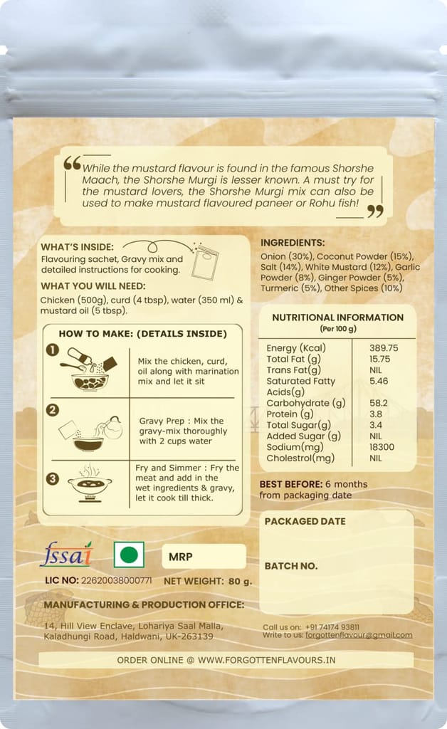 Forgotten Flavours Bengali Shorshe Murgi (Mustard/Sarson Chicken) Cooking Mix | Instant Gravy Masala Mix |Ready to Cook Spice Mix Gravy ||Fresh Ingredients & Spices |No Colours or Flavours view 2