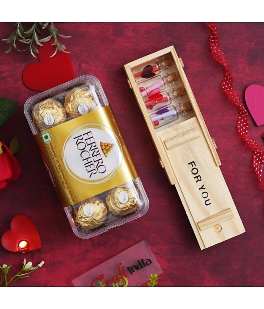 eCraftIndia Wooden Box "For You" with 7 Messages Gift & Ferrero Rocher Chocolates-400gm view 2