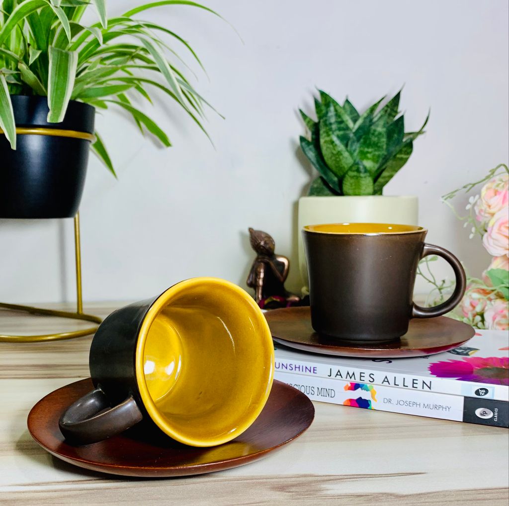 Homefrills Ceramic Hand Crafted Glossy Ceramic Tea/Coffee Cups Combo with Wooden Saucer (Brown) Suitable for Coffee, Tea, Juice, Cappuccino, etc. (150ml) Set of 2 view 2