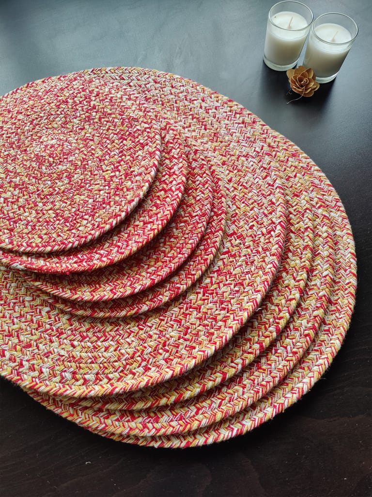 Round table mats cotton placemats (pack of 8) | Big Mats & Hotpads / trivets, Heat Resistant, Reversible Use (Red - Yellow) by Bulky Santa view 2