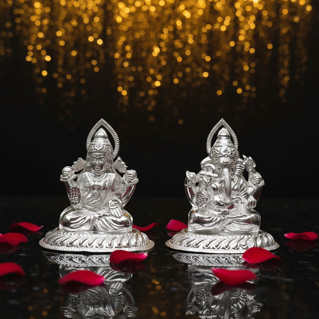 Pure Silver Lakshmi Ganesh Idol Set with Prabhavali | 925 Hallmarked Laxmi Ganesha Murti for Puja, Diwali Gift, Home Temple Décor I Weight - 70 g view 2