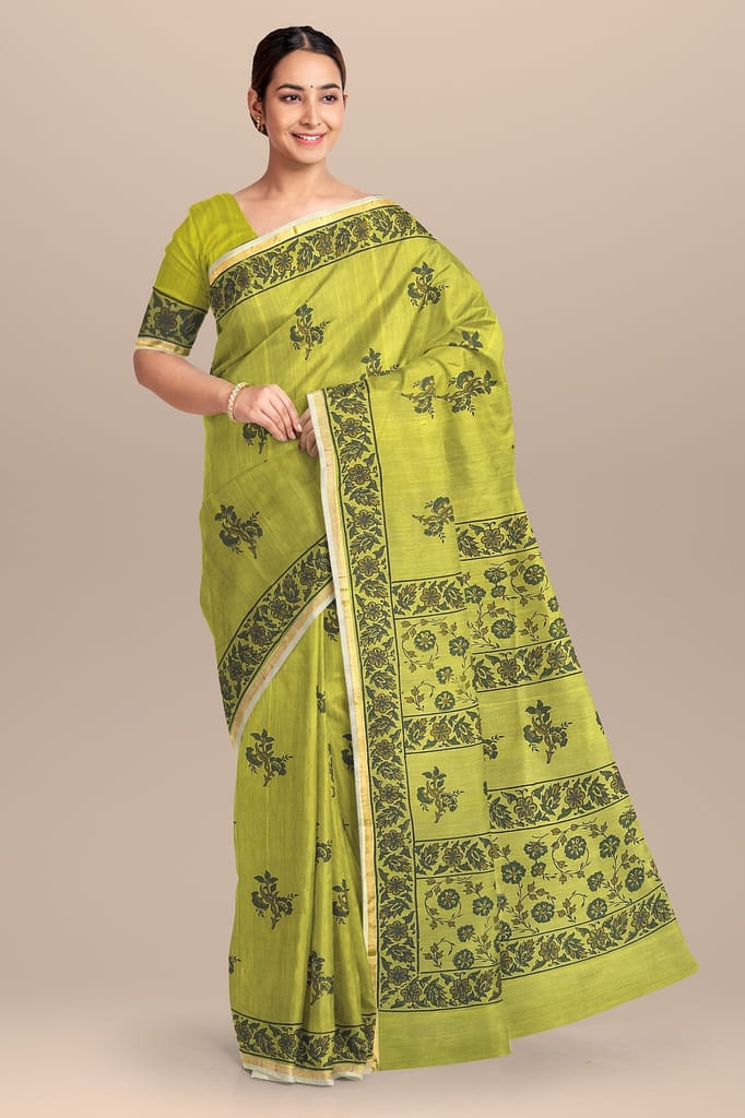 Sheen Green Floral Motif Handwoven Hand Block Print Sausar Silk Saree SKU-AS10071 view 2